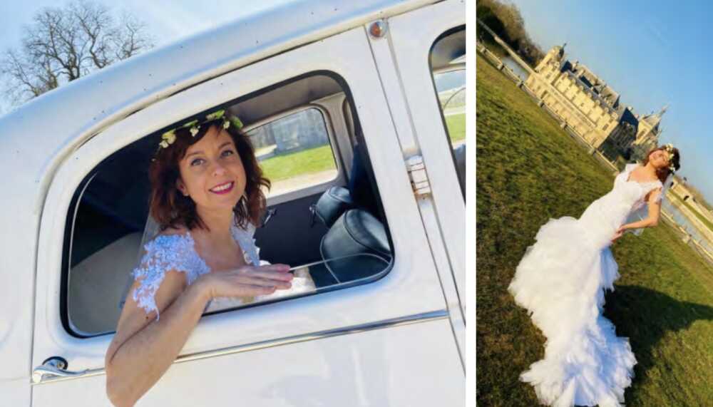 Sylvie Malyse mariée assise dans la voiture et de bout devant un château