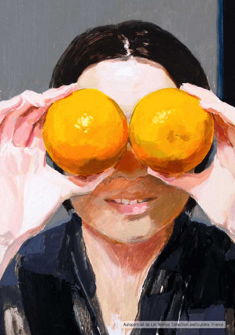 Wenjie Lin autoportrait avec des oranges et en train de peindre